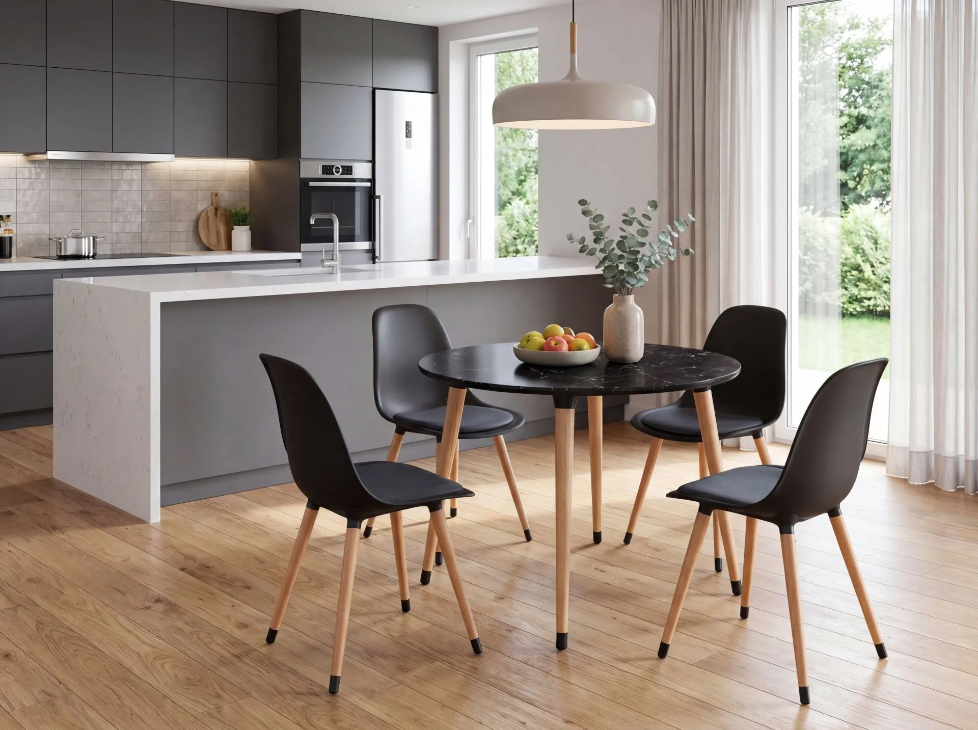 Doqu Home Matte 4+1 Mutfak Masa Takımı 90x90 cm - Siyah